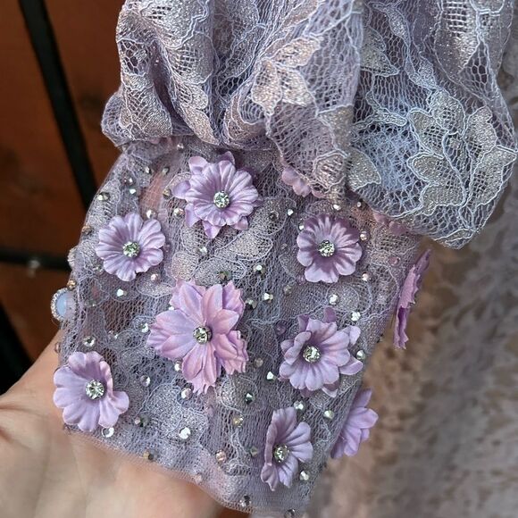 Mac Duggal Lace Long Sleeve V Neck Embellished Gown Vintage Lilac size 10 NWT - Picture 7 of 11